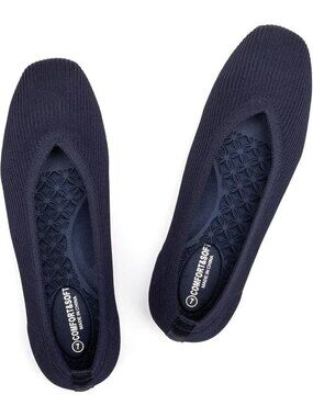 🆕 Women's Navy Blue Knit Square Toe Ballet Flats Comfort Casual Slip On Shoes